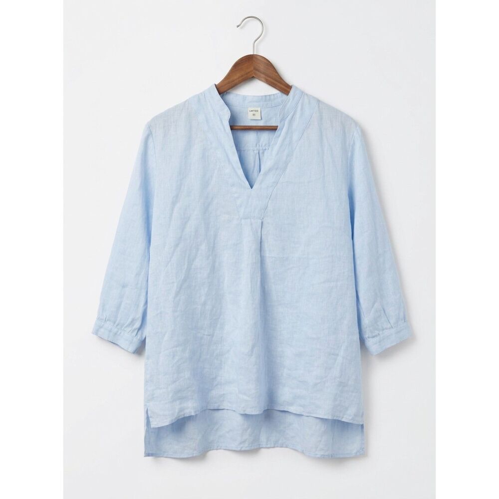 100% Linen V-Neck Tunic Shirt - Light Blue - Lintico Joanna shirt